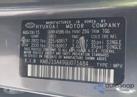 2016 Hyundai Tucson Se z USA, uszkodzony, nr VIN KM8J33A49GU071484
